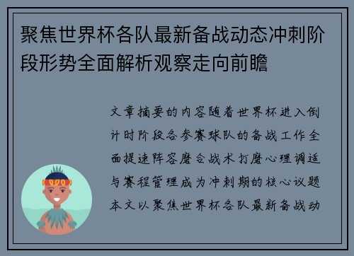 聚焦世界杯各队最新备战动态冲刺阶段形势全面解析观察走向前瞻