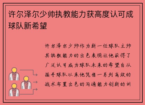 许尔泽尔少帅执教能力获高度认可成球队新希望