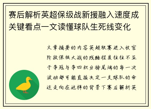 赛后解析英超保级战新援融入速度成关键看点一文读懂球队生死线变化 赛后解析英超保级战新援融入速度成关键看点一文读懂球队生死线变化