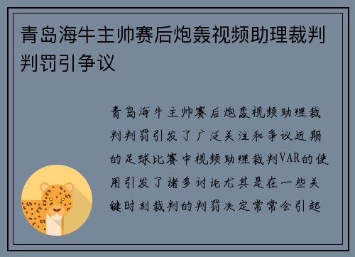 青岛海牛主帅赛后炮轰视频助理裁判判罚引争议 青岛海牛主帅赛后炮轰视频助理裁判判罚引争议